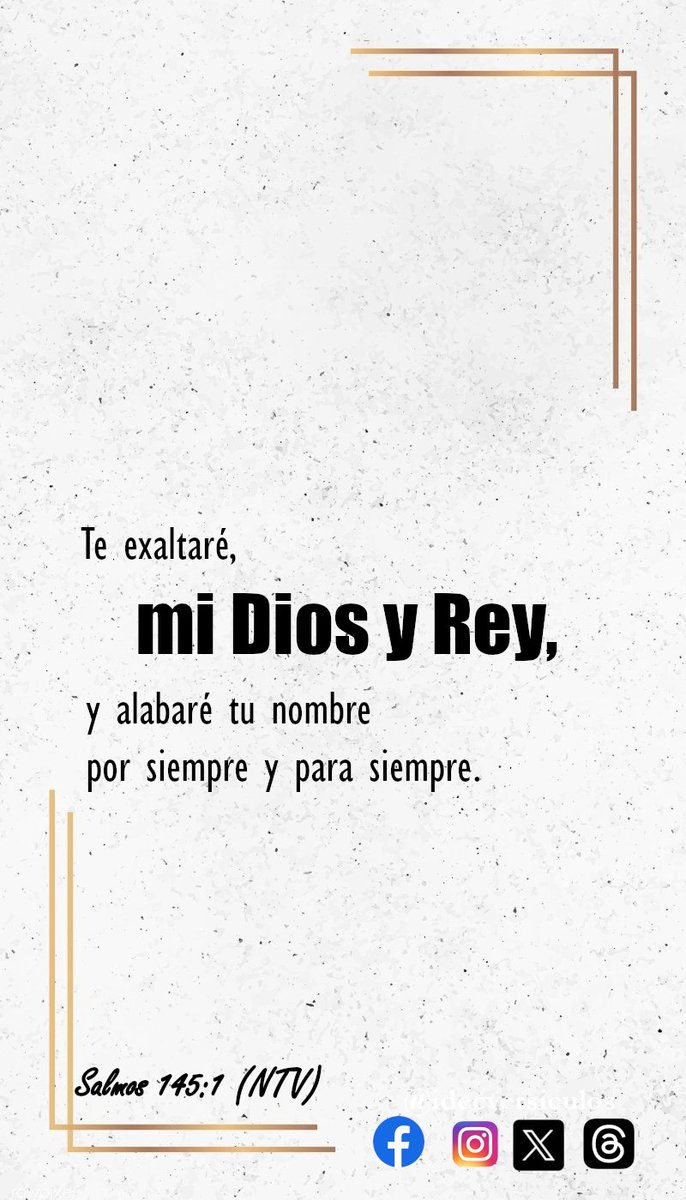 idecversiculos's tweet photo. Te exaltaré, mi Dios y Rey, y alabaré tu nombre por siempre y para siempre.
Salmos 145:1 (NTV)
#Biblia #PalabradeDios #versiculos #Salmos 
#idecversiculos https://t.co/iTZW2ADwjw