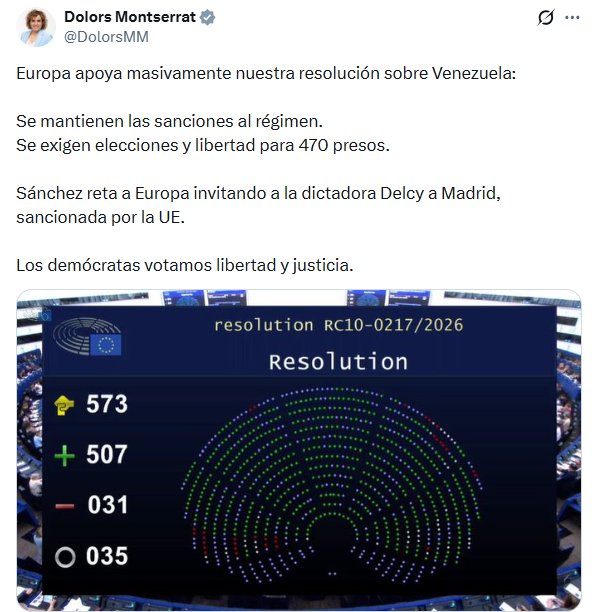 isonmayu's tweet image. ¡Golpe al narcorégimen!  
El Parlamento Europeo aprueba mantener sanciones contra Delcy Rodríguez y la cúpula de Maduro.

​Exigen elecciones libres, libertad de presos políticos y transición democrática real. ¡Europa elige libertad y justicia frente a la tiranía!
#VenezuelaLibre