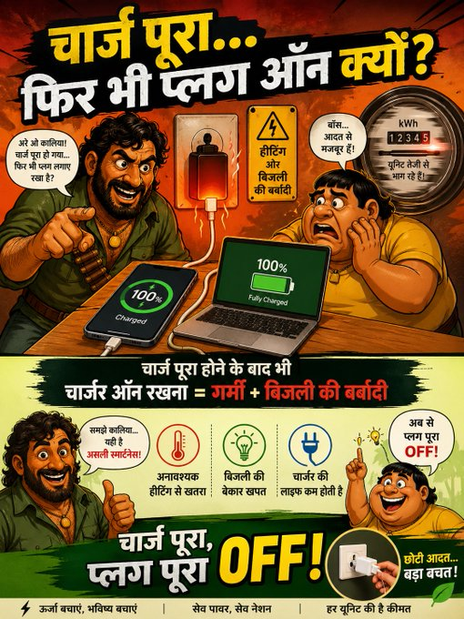dvvnlauraiya's tweet image. 👉 “जो डर गया… समझो बच गया!” 📷 “हीटिंग और बिजली बर्बादी से बचना है तो… चार्ज पूरा होते ही प्लग निकालना है!” #EnergySaving #SmartHabit
@aksharmaBharat @EMofficeUP 
@ChairmanUppcl @MDDVVNL 
@UPPCLLKO @DVVNL_Care