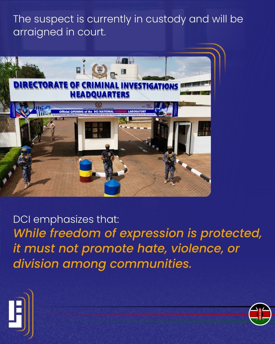 JamiiForums_KE's tweet photo. Online tensions are rising after the Directorate of Criminal Investigations (DCI) arrested a suspect linked to a viral video alleged to contain hate speech.

The DCI said detectives reviewed the video and found language likely to incite hatred and undermine national unity. The suspect is in custody awaiting court.

Read more https://t.co/0CeeW0te9N