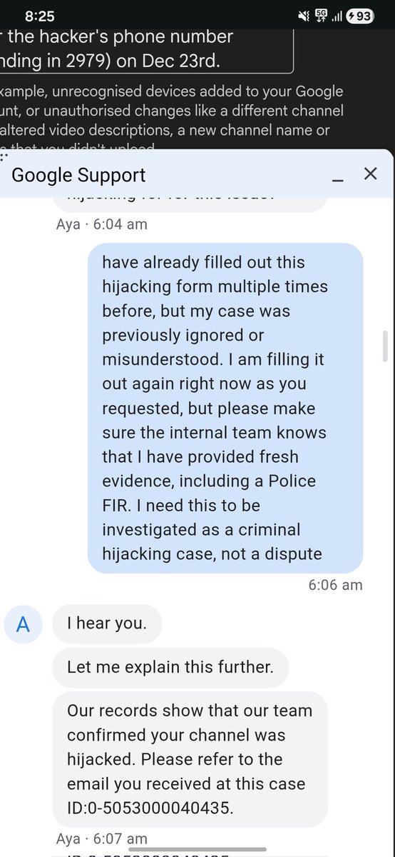 AlltimeIslam's tweet photo. @TeamYouTube Case 0-3216000041185 is stuck. Agent Aya confirmed hijack in Case 0-5053000040435, but other agents deny it. I've filed Cyber FIR against hacker (rdxsonu492@gmail.com, Ph: +91 8292972979). Content changed from Islamic to Spam. Please escalate &amp; help! #YouTubeHacked https://t.co/pLvZg6nala
