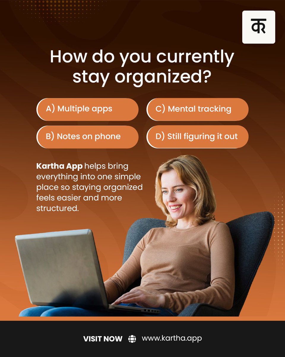 kartha_app's tweet image. How do you currently stay organized?
A. Multiple apps
B. Notes on phone
C. Mental tracking
D. Still figuring it out

Kartha App helps bring everything into one simple place.

🌐 kartha.app

#productivity #organization #workflow #focus #karthaapp