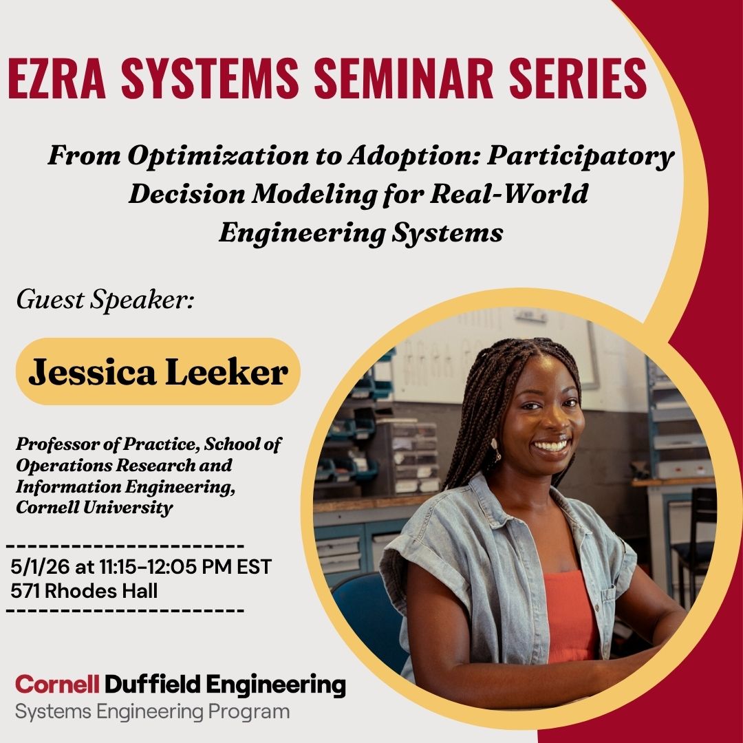 CornellSystems's tweet photo. 🚀 We’re thrilled to welcome Jessica Leeker, Professor of Practice in ORIE at Cornell University, for her talk: “From Optimization to Adoption: Participatory Decision Modeling for Real-World Engineering Systems"

📅 Friday, May 1
⏰ 11:15 – 12:05 PM
📍 571 Rhodes Hall https://t.co/LvECRJGyzr