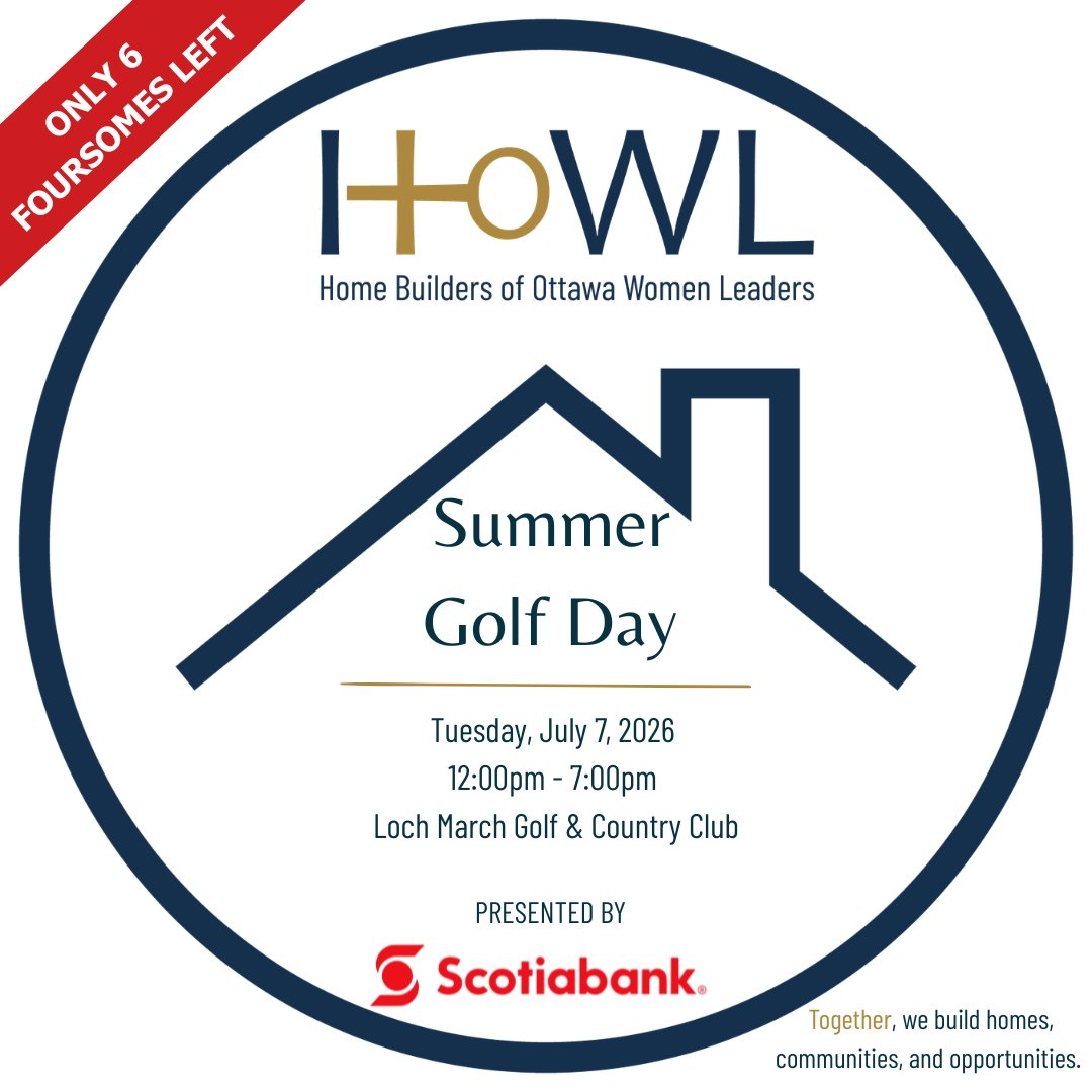 GOHBA_Ottawa's tweet image. ONLY 6 FOURSOMES LEFT

Secure your spot at the HOWL Summer Golf Day before it’s gone!
Join the Home Builders of Ottawa Women Leaders for a day of connection, networking, and fun on the course.

Register here: zurl.co/RwL3N 
#HOWL #OttawaEvents #WomenInConstruction