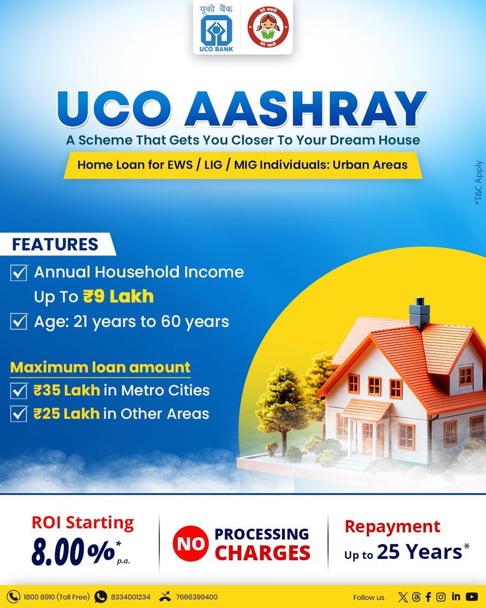 UCOBankOfficial's tweet photo. Turn your dream of owning a home into reality 🏡✨
With UCO AASHRAY, enjoy easy financing, low interest rates, and zero processing charges.

Because your perfect home is closer than you think 💙

#UCOBank #HomeLoan #DreamHome #AffordableHousing #EasyFinance https://t.co/hTsFHRoxwq