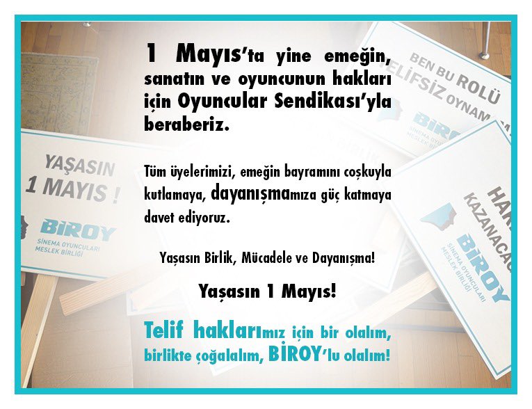 Değerli Üyelerimiz,

1 Mayıs’ta yine emeğin, sanatın ve oyuncunun hakları için Oyuncular Sendikası’yla beraberiz. Sizleri de bekleriz.

#Yaşasın1Mayıs 

Buluşma: 10.30 
Ayrılıkçeşmesi Marmaray / Metro Çıkışı

Kortej: 11.00
Haydarpaşa Numune Hastanesi Önü
