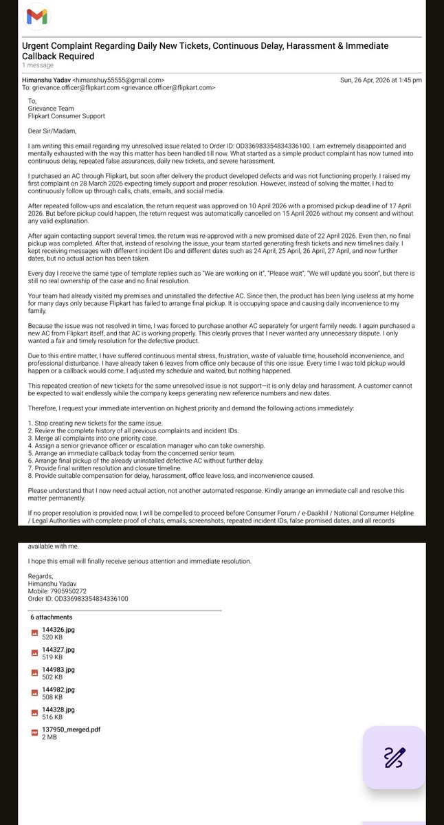HimanshuYa28784's tweet image. @Flipkart @FlipkartSupport @Walmart @jagograhakjago @consaff I have shared all proofs, emails, and records, but still no resolution. This continuous delay, lack of response, and repeated assurances without action are causing serious harassment and mental stress. #Flipkart #Delay