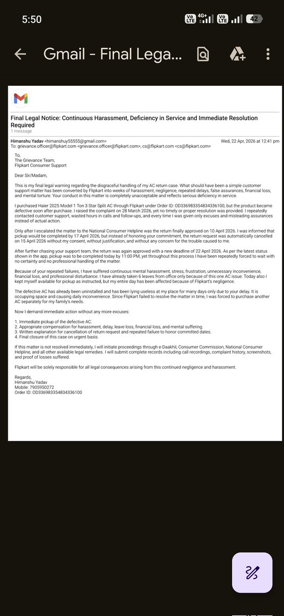 HimanshuYa28784's tweet image. @Flipkart @FlipkartSupport @Walmart @jagograhakjago @consaff I have shared all proofs, emails, and records, but still no resolution. This continuous delay, lack of response, and repeated assurances without action are causing serious harassment and mental stress. #Flipkart #Delay