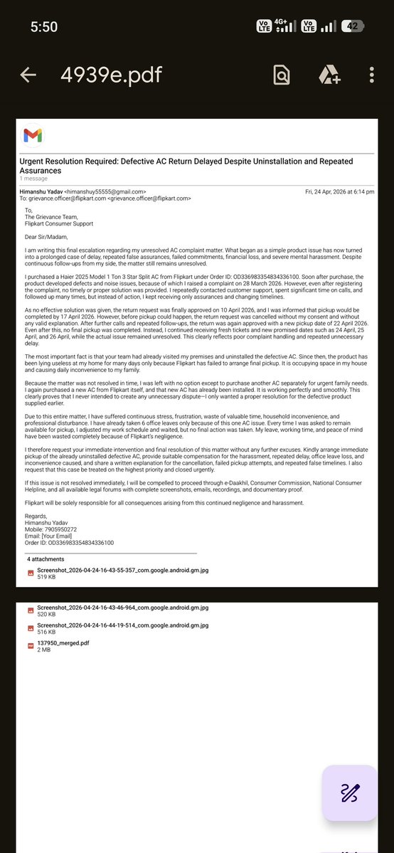 HimanshuYa28784's tweet image. @Flipkart @FlipkartSupport @Walmart @jagograhakjago @consaff I have shared all proofs, emails, and records, but still no resolution. This continuous delay, lack of response, and repeated assurances without action are causing serious harassment and mental stress. #Flipkart #Delay
