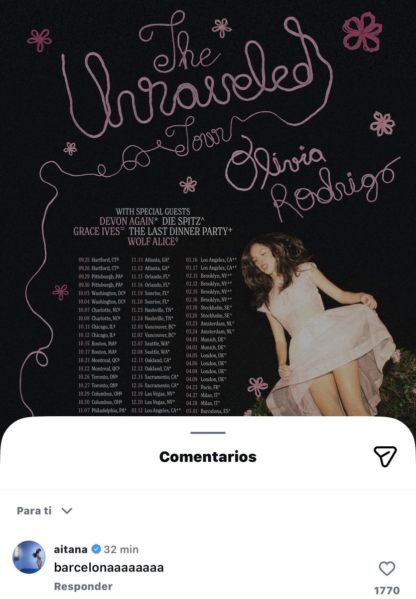 Aitana comentando en el post del nuevo tour de Olivia Rodrigo 👀