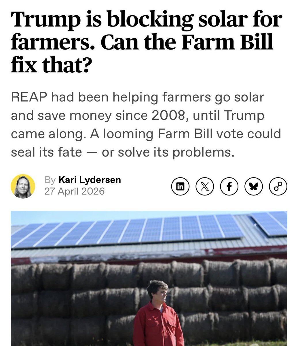 DemsAbroad's tweet image. REAP, the Rural Energy for America Program, helped farmers get cheaper solar power for nearly 2 decades. In his first few months, Trump froze a billion in REAP funds, then added strict limits, then halted it all together.

How is this lowering prices on day 1? 
#DemsAbroad