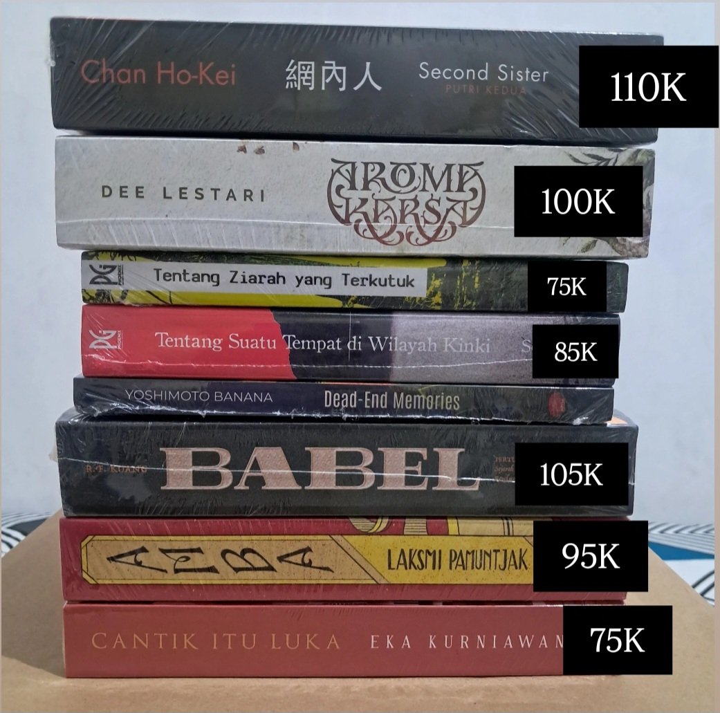 monmonspace's tweet image. Wts buku all sealed bisa via oren #novel #preloved 

Second sister 110K
Aroma Karsa 100K
Tentang ziarah yang terkutuk 75K
Tentang suatu tempat di wilayah Kinki 85K
Babel 105K
Amba 95K
Cantik itu luka 75K