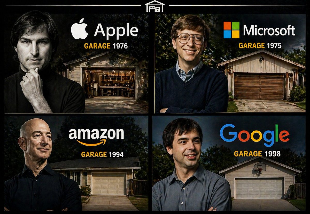 wahab_twts's tweet image. 4 men who changed the world from a garage:

🍎 Steve Jobs - Apple (1976)  
💻 Bill Gates - Microsoft (1975)  
📦 Jeff Bezos - Amazon (1994)  
🔍 Larry Page - Google (1998)  

Every trillion-dollar company started with nothing.

Which garage changed the world the most? 👇
