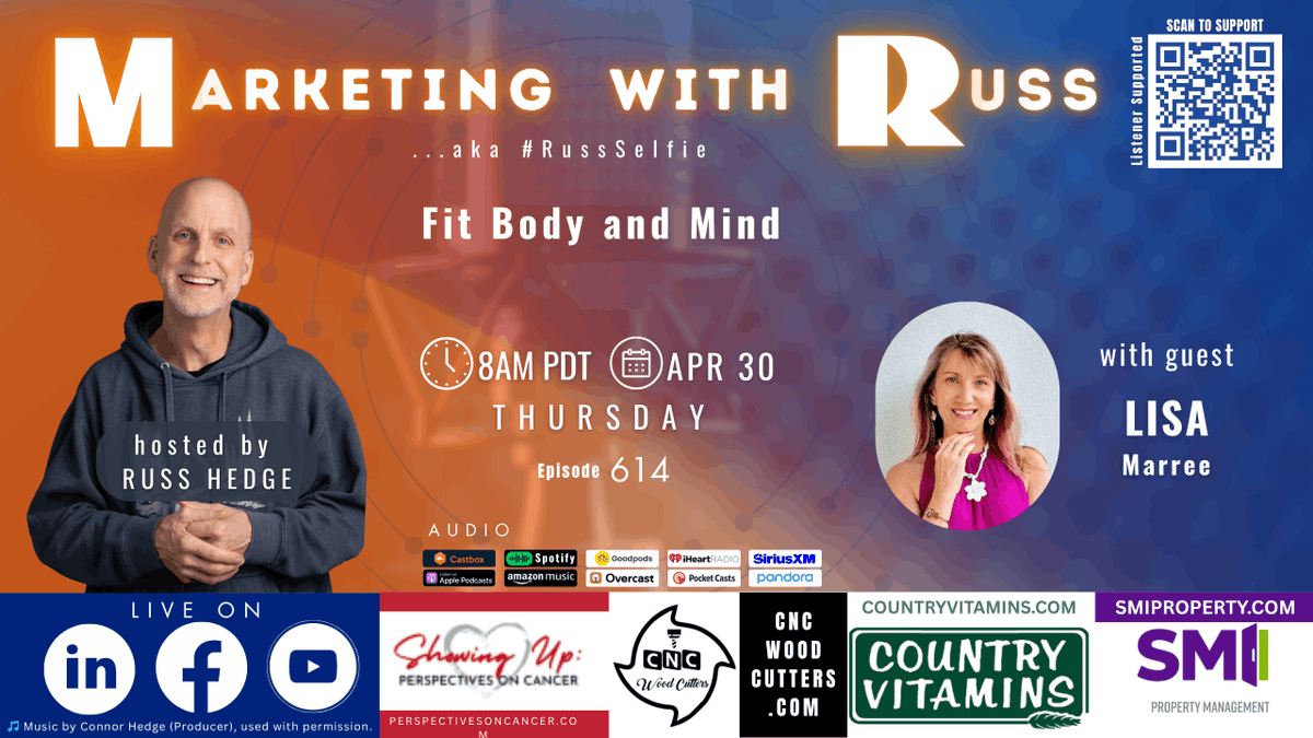 russhedge's tweet image. #Marketing with Russ…aka #RussSelfie, Episode 614
April 30, Thursday, 8am Pacific
Featuring Lisa Marree

Watch here:
linkedin.com/events/7453518…
facebook.com/events/9885106…
youtube.com/watch?v=4YIJHR…

#holistichealth #neuroscience #inspiration #community #connection #MarketingwithRuss