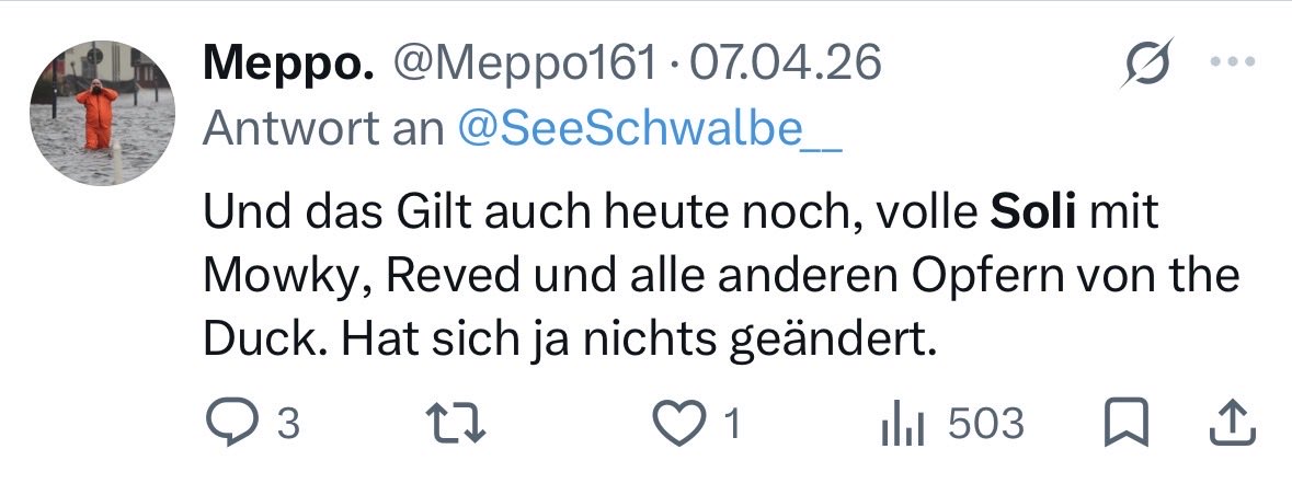 broilerchuck's tweet photo. @Meppo161 @OderKurzCEO @SirDoppel @jayriddle77 Ja woran könnte das bloß liegen? Ganz vielleicht an deinen Posts zum Thema, die zumindest eine starke Tendenz zur einseitigen Solidarität für Mowky aufweisen? Was ist an einer unzweideutigen Antwort nicht zu verstehen? „Ja, volle Soli auch für Anni“. Ist doch nicht so schwer. https://t.co/v4LzQ3XWw7