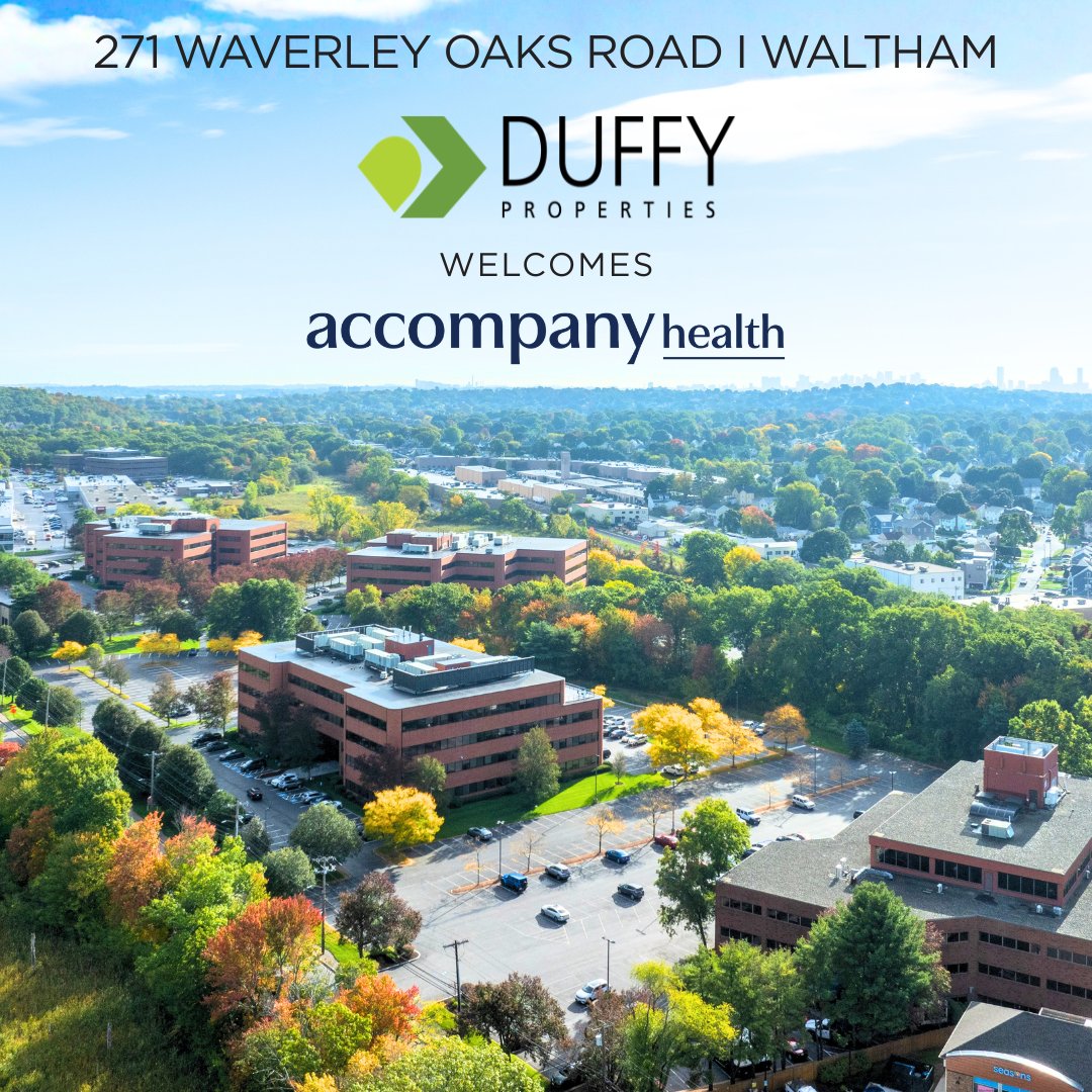 DuffyProperties's tweet photo. We’re pleased to welcome @AccompanyHealth to Waverley Oaks Park. 🙌 A provider of integrated primary, behavioral &amp; social care with in-home, virtual &amp; 24/7 support. 🏥💙

Looking forward to their continued growth &amp; impact. 💫

#CRE #DuffyProperties #WalthamMA https://t.co/vBXNlOdixV