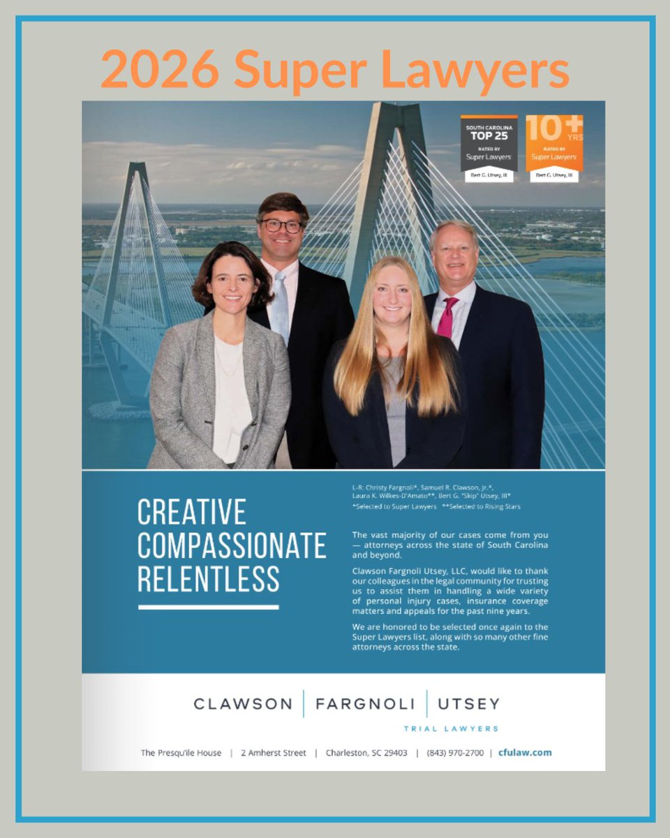 We are excited to announce that Sam Clawson, Christy Fargnoli, and Skip Utsey were selected as 2026 Super Lawyers and Laura Wilkes D'Amato was selected as a Rising Star by Super Lawyers publication! #creative #compassionate #relentless #CFU