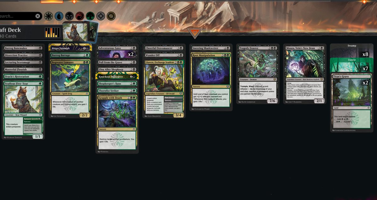 rovanotrova's tweet image. Consoling myself with a Trophy draft🏆while I'm stuck at home due to a back injury😭
Golgari aggro with Moseo beats really hard, solid choice for this draft if you find it early
Such a shame losing the 1st game only for color screw...

@fireshoes 
#MTGArena #MTGLimited