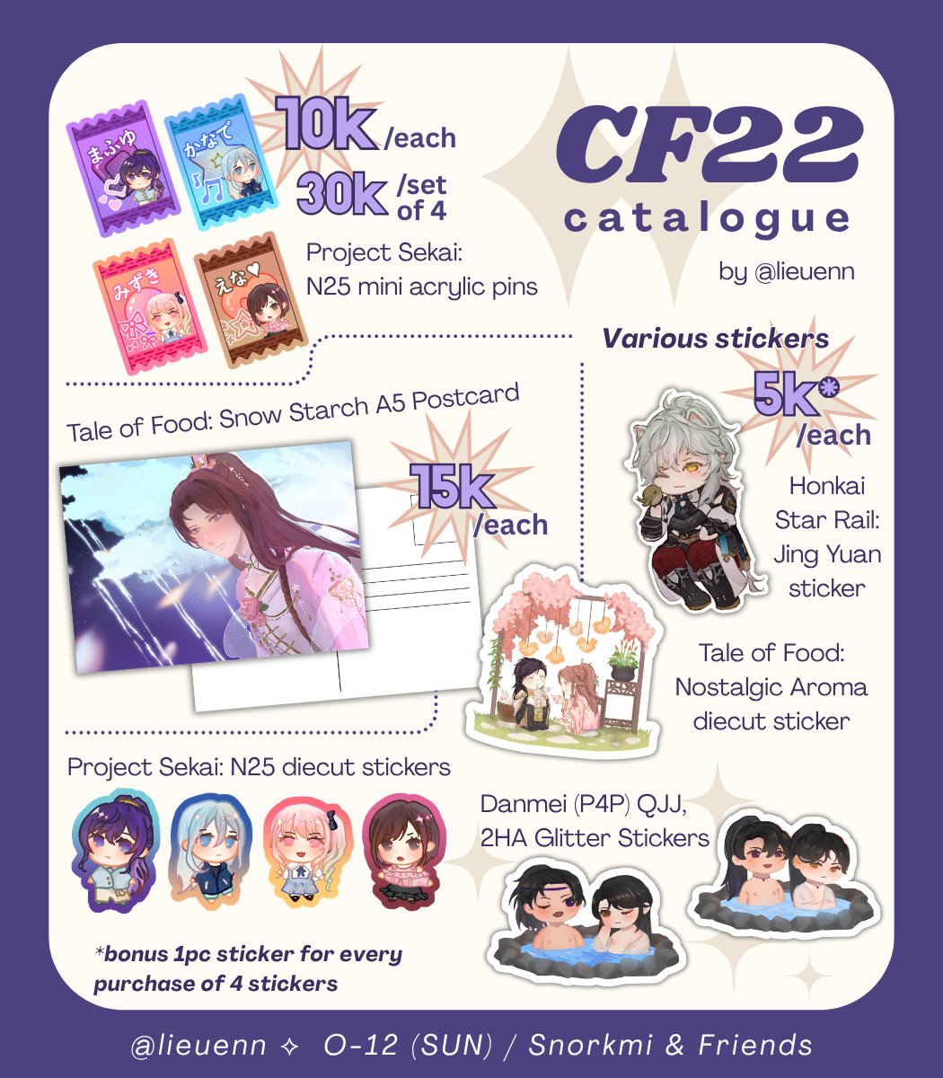 lieuenn's tweet photo. [SHARES&amp;RT APPRECIATED 🫶💖]

I'll be boothing at #CF22 (O-12, d2 SUN only) !! 

✨ PJSK (N25), Tale of Food, HST (Jing Yuan), Genshin, Tears of Themis, Danmei (QJJ, 2HA // P4P)
🔗 PO &amp; mail order: https://t.co/RSc0M18AhB
🗓️ PO closes May 12, 20:00 WIB

#comifuro22 #cf22catalogue https://t.co/pwBBJKidg1