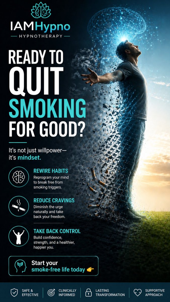 PParker25706's tweet image. Ready to quit smoking for good? 🚭

It’s not just willpower - it’s mindset. 

Rewire your habits, reduce cravings &amp;amp; take back control with proven hypnotherapy.

Start your smoke-free life today 👉 
iamhypno.com/pages/quit-smo…

#IAMHypno #QuitSmoking #HealthyHabits