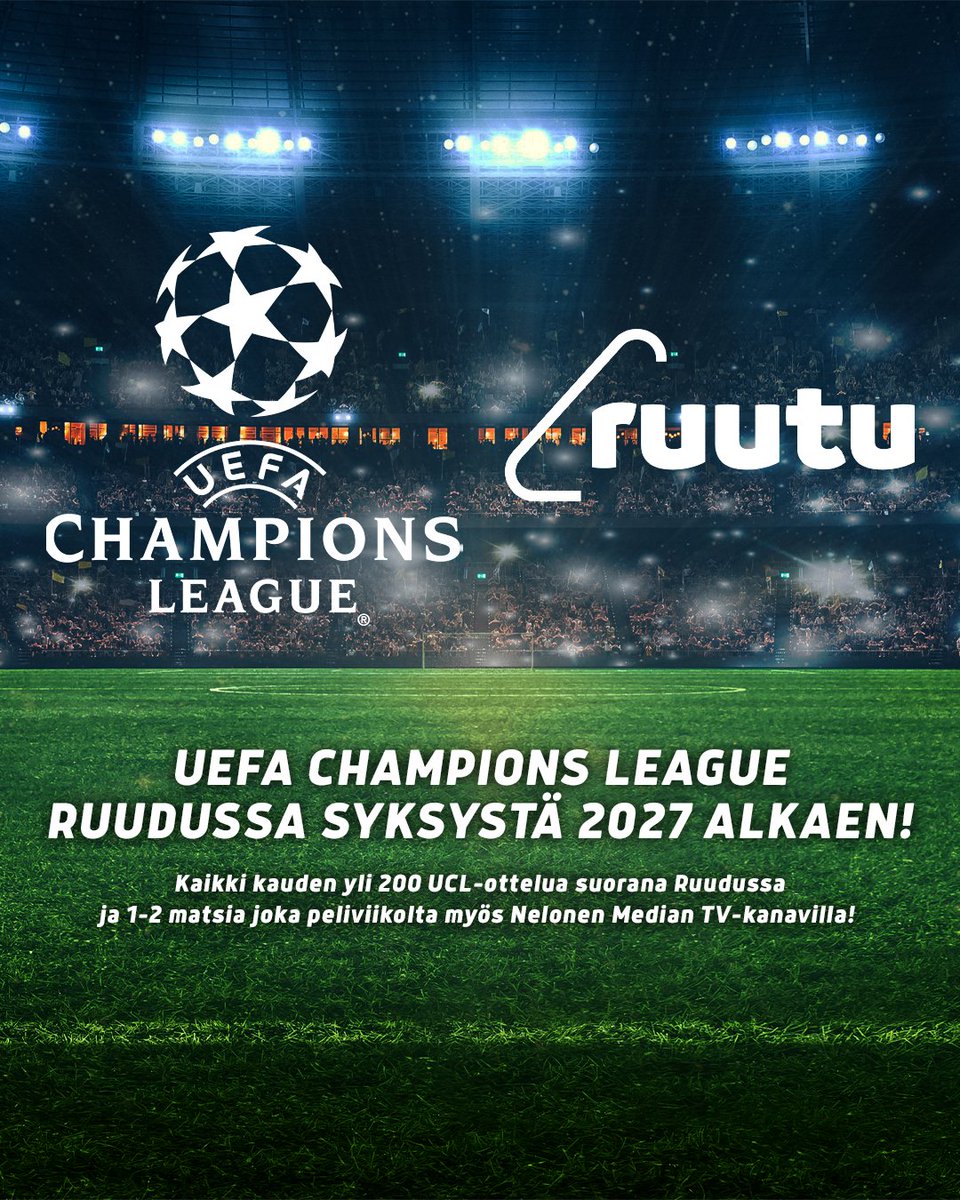 RuutuUrheilu's tweet photo. UEFA CHAMPIONS LEAGUE RUUTUUN SYKSYLLÄ 2027 🔥🔥🔥

Vapun ylivoimaisesti kovin uutinen tulee tässä! #mestarienliiga joka ikinen matsi syksystä 2027 alkaen Ruudussa ja 1-2 matsia joka peliviikolta myös Nelonen Median TV-kanavilla ⚽️📺🤩

Lue lisää: https://t.co/acZDhqgXKE

#uclfi https://t.co/6SMdiii1tF