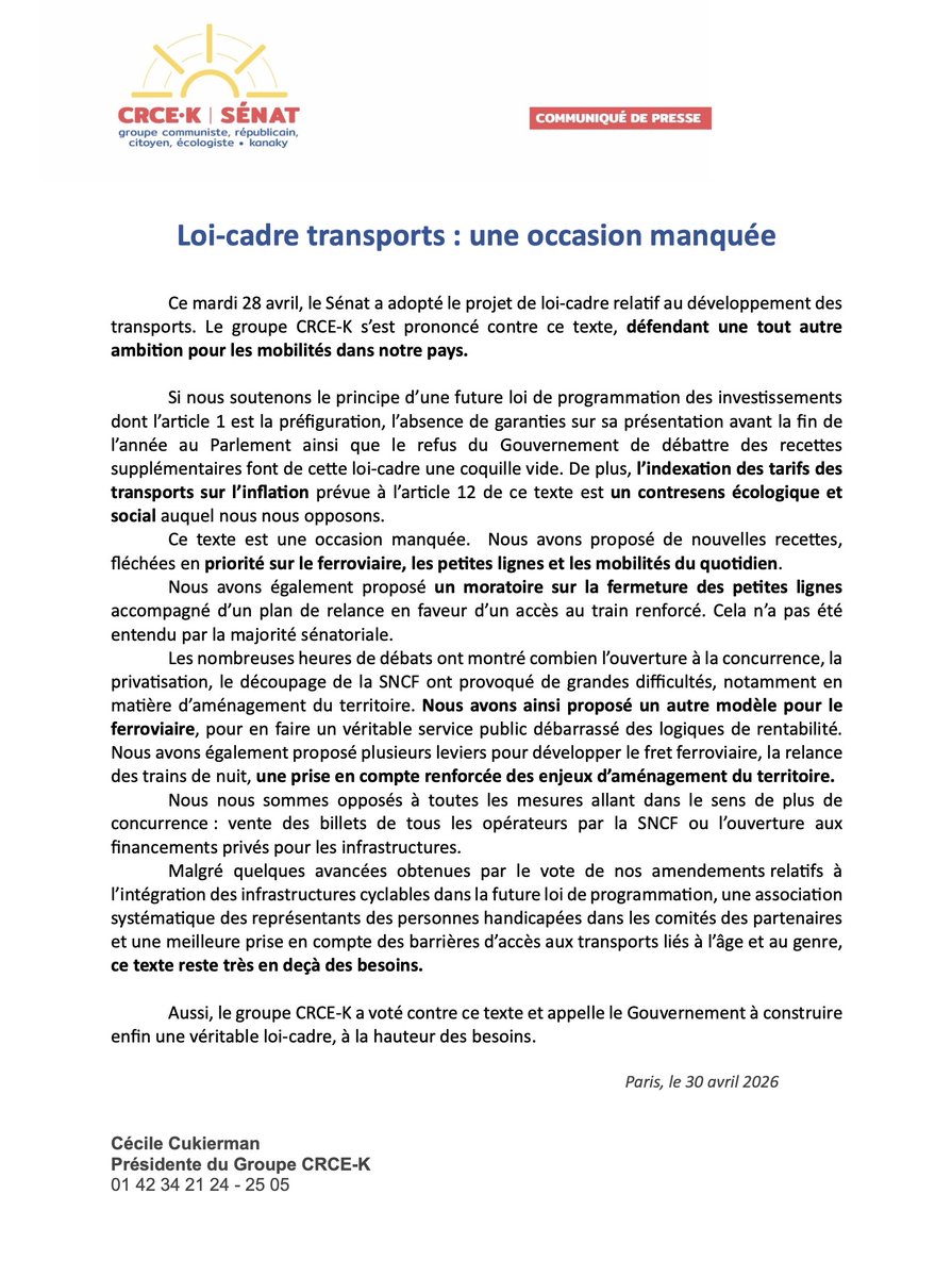 Le Sénat a adopté une loi transports sans ambition réelle. Sans financements ni garanties, elle reste une coquille vide. Refus du tout-concurrence, priorité au ferroviaire, aux petites lignes et aux mobilités du quotidien : une autre voie est possible. Le CP ↩️