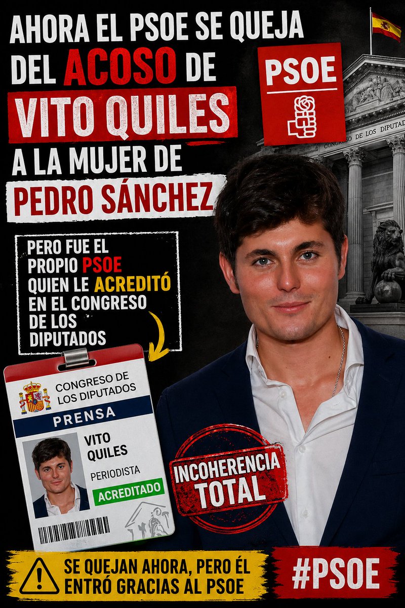 ogb1995's tweet image. El PSOE ahora se lleva las manos a la cabeza por el acoso del agitador Vito Quiles a la mujer de Pedro Sánchez… pero fue el propio PSOE quien le acreditó en el Congreso de los Diputados. Incoherencia total.

#PSOE #Congreso #Política #España