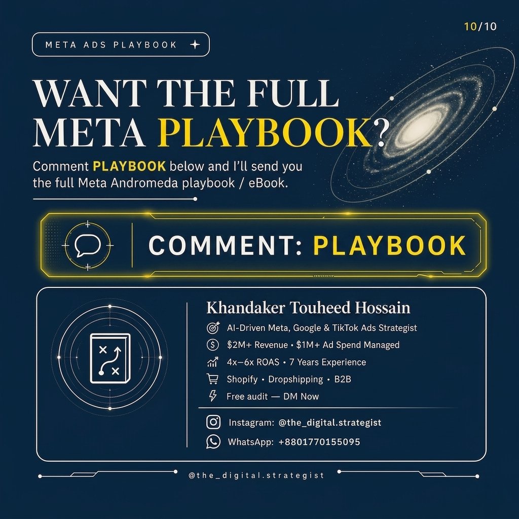 kthshawon's tweet photo. 🚀 Scale Meta Ads to 4x–6x ROAS with the Andromeda Ad Structure
Targeting is dead—Creative is the new signal.

1️⃣ Daily Budget = Target CPA × 7 
2️⃣ Test Angles, not random images 
3️⃣ Move winners to a Scaling Campaign

Reply PLAYBOOK for the full eBook guide
#MetaAds #andromeda https://t.co/eq4DT5CP32