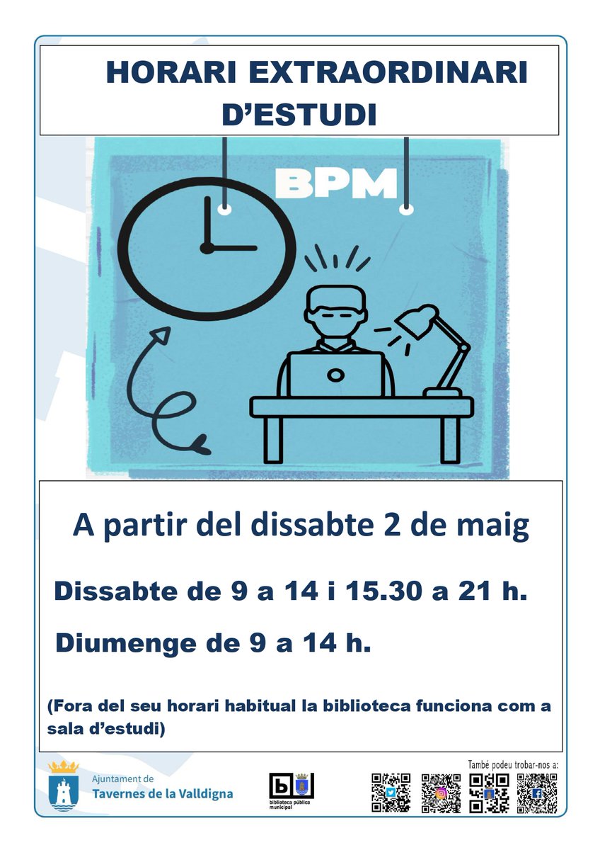 A partir del dissabte 2 de maig ampliem l'horari de la biblioteca els dissabtes i diumenges amb horari extraordinari. Fora de l'horari habitual, la biblioteca funcionarà únicament com a sala d'estudi. 🗓️