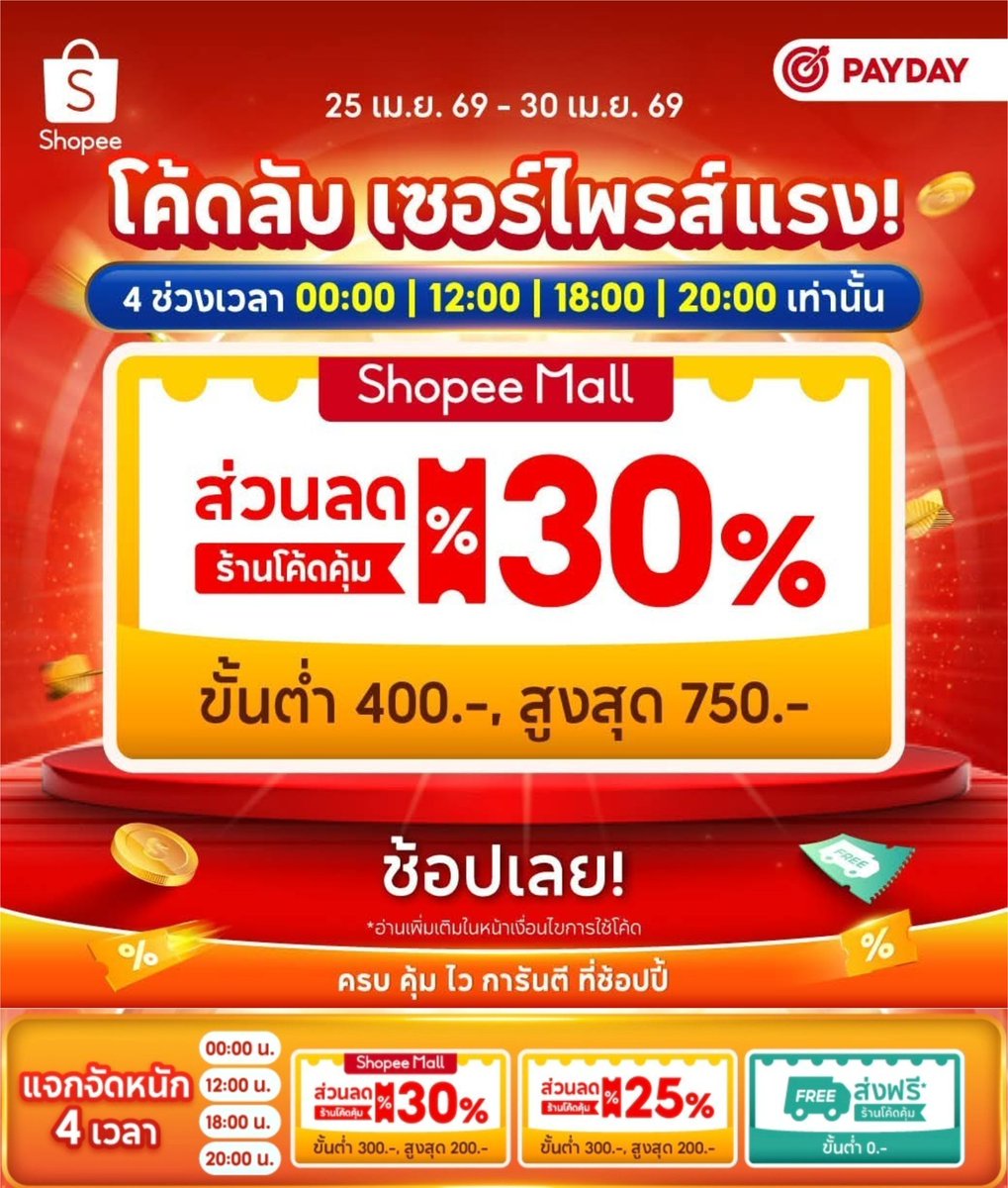 NNNani_tellpro's tweet image. เวลา 20:00 น. #Shopee มีเติมโค้ด #ShopeePayday ของวันสุดท้าย (30 เม.ย.) รอบสุดท้ายค่ะ
👇
s.shopee.co.th/901eSF7fRV

👉 ลด 30% สูงสุด 750 บาท ขั้นต่ำ 400.- Mall ร้านโค้ดคุ้ม (ยกเว้นหมวดอิเล็กทรอนิกส์) 
👉 ลด 30% สูงสุด 200 บาท ขั้นต่ำ 300.- Mall ร้านโค้ดคุ้ม
👉 ลด 25% สูงสุด 200 บาท