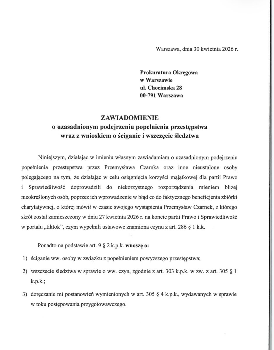 Zawiadomienie Zespołu KO ds. Rozliczenia PiS na podejrzenie oszustwa ze strony PiS polegającego na podszywaniu się konta partyjnego pod zbiórkę na rzecz chorych dzieci ogłoszoną na portalu TikTok zostało wysłane. Liczę na szybkie działania prokuratury.