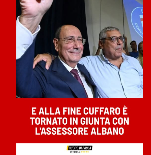 Leva Cuffaro dalla giunta,rimetti Cuffaro nella giunta.
Il presidente(con p rigorosamente MINUSCOLA) Schifani dovrebbe spiegare ai siciliani il senso di 4 mesi persi a giocare al rimpasto per far venire fuori la stessa schifezza di prima.
#30aprile