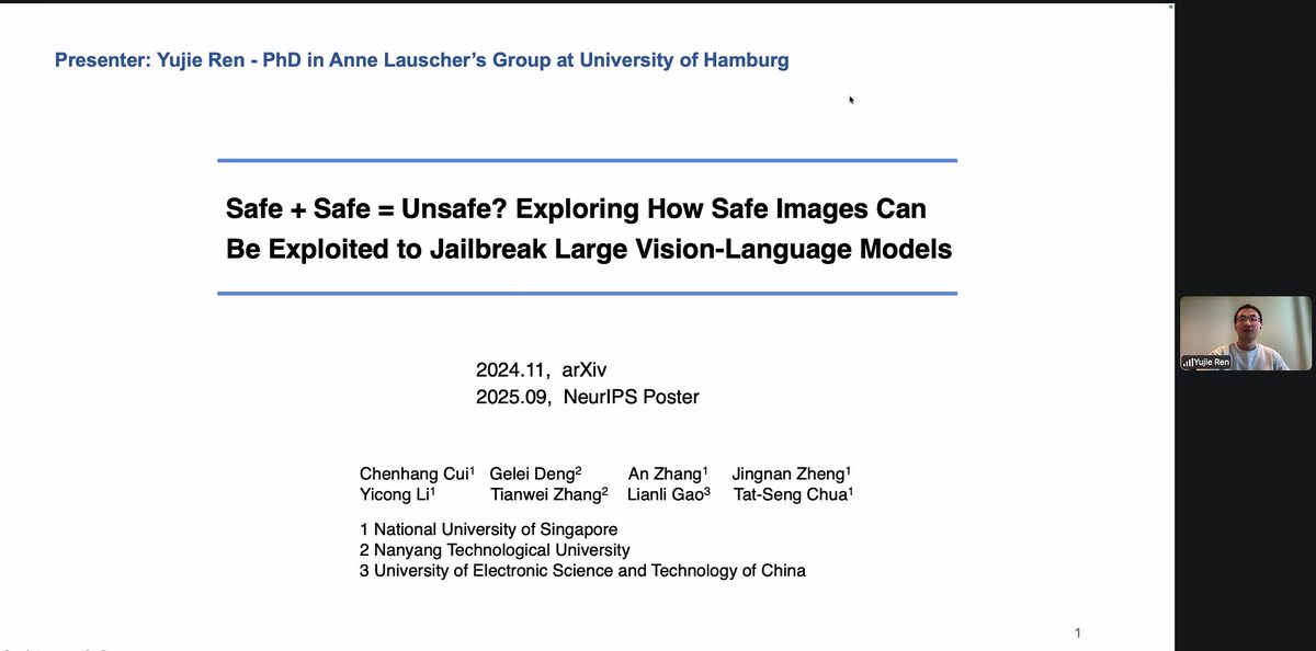 MilaNLProc's tweet image. 📚 For today's reading group Yujie Ren presented "Safe + Safe = Unsafe? Exploring How Safe Images Can Be Exploited to Jailbreak Large Vision-Language Models" by Cui et al.

Paper: arxiv.org/pdf/2411.11496

#NLProc