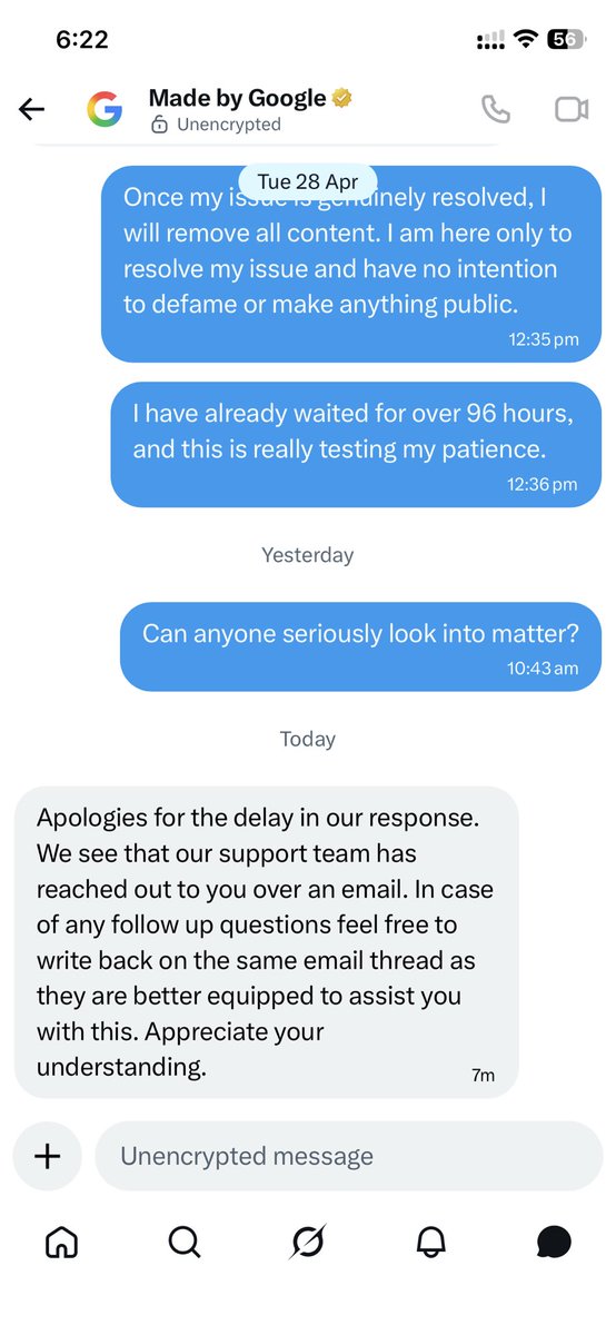 er_deval's tweet photo. @madebygoogle No meaning for DM check attached screenshot. I am just getting automated responses, no personal attention. https://t.co/HB93u78lyT
