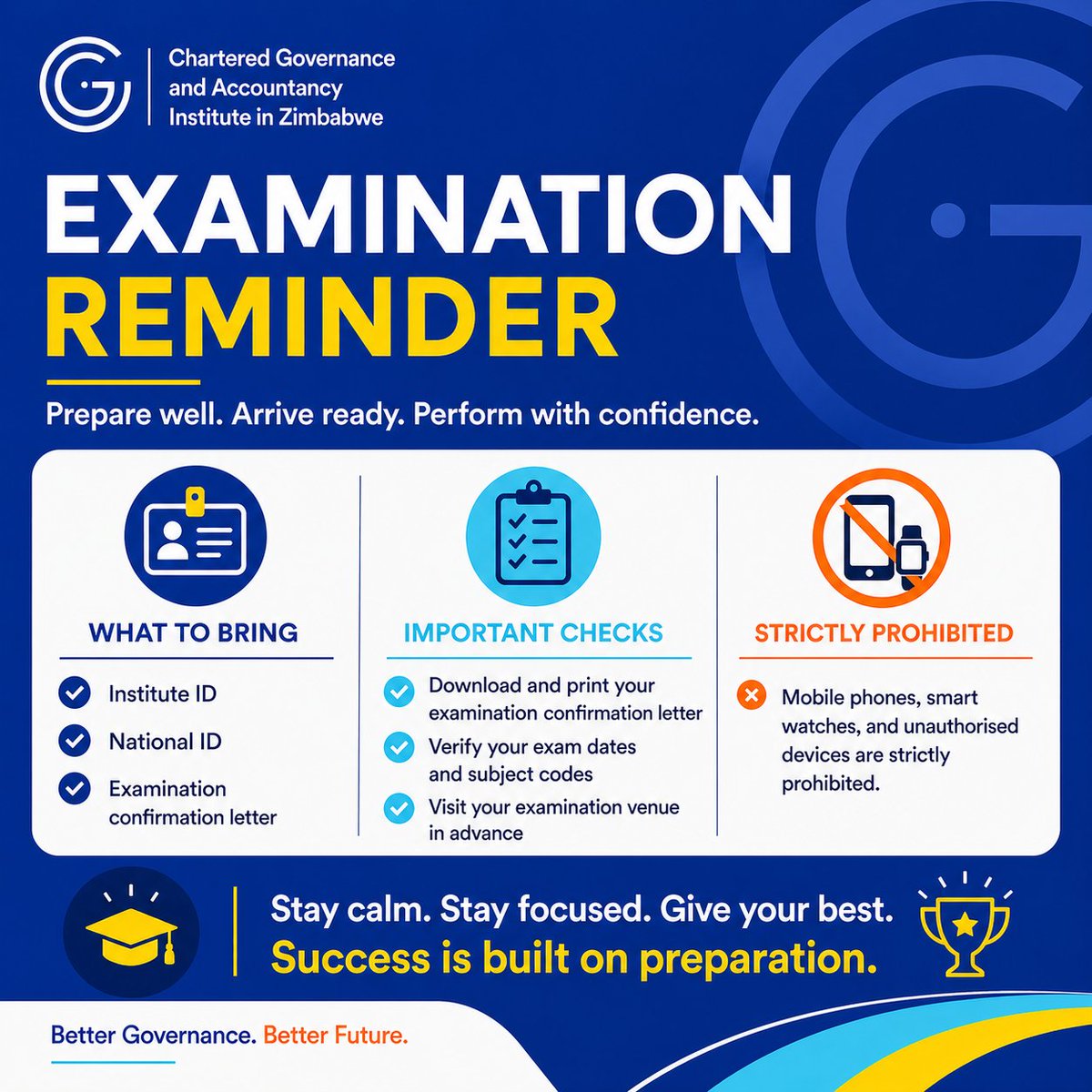 CgiZimbabwe's tweet photo. As examinations approach, students are encouraged to ensure that all requirements are in place.
Please remember to:
· Bring your Institute ID, National ID, and confirmation letter
· Verify your examination dates and subject codes
· Familiarise yourself with your examination venue https://t.co/TdsrFrJ4Gq