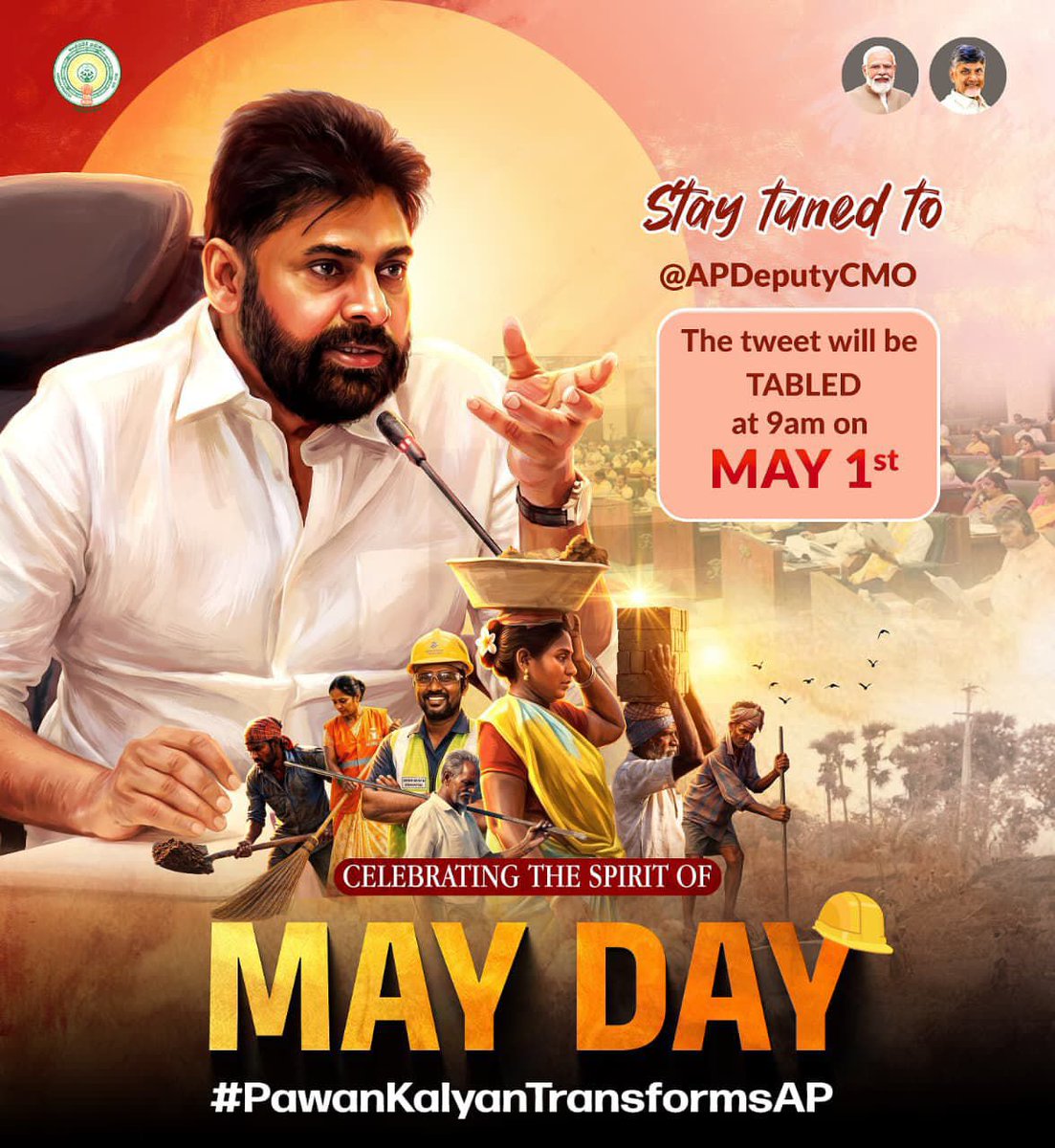 Celebrating the spirit of May Day !

Stay glued to APDeputyCMO at 9 AM on 1st May.

#PawanKalyanTransformsAP