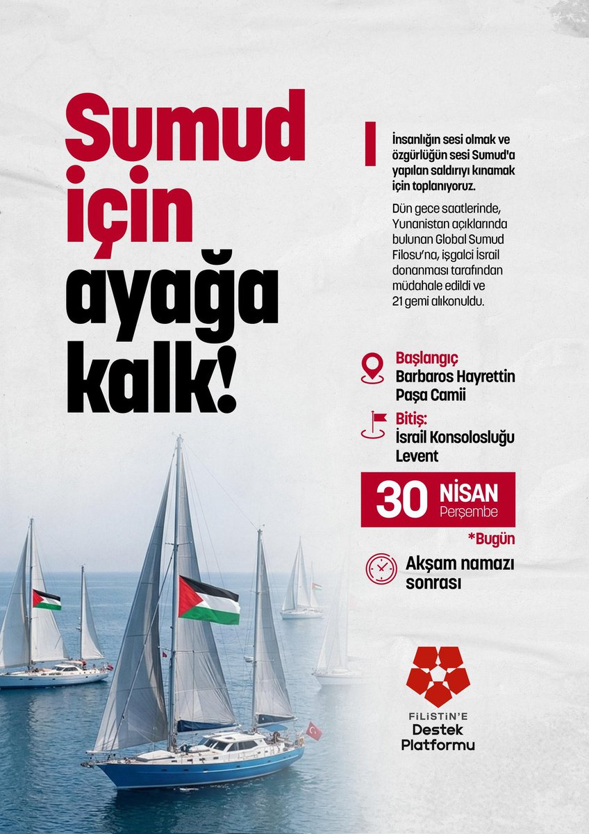 ebsistanbul4's tweet photo. 🚨 SUMUD İÇİN AYAĞA KALK!
Uluslararası sularda, hiçbir hukukta yeri olmayan bir müdahaleyle hedef alınan Sumud Filosu’na sessiz kalmıyoruz.
📍 Barbaros Hayrettin Paşa Camii (Levent)
🗓 30 Nisan (Bugün)
⏰ Akşam namazı sonrası (20.00)
Haksızlığa karşı sözümüz var, vicdanımız var, duruşumuz var.
Gel, birlikte yürüyelim. ✊