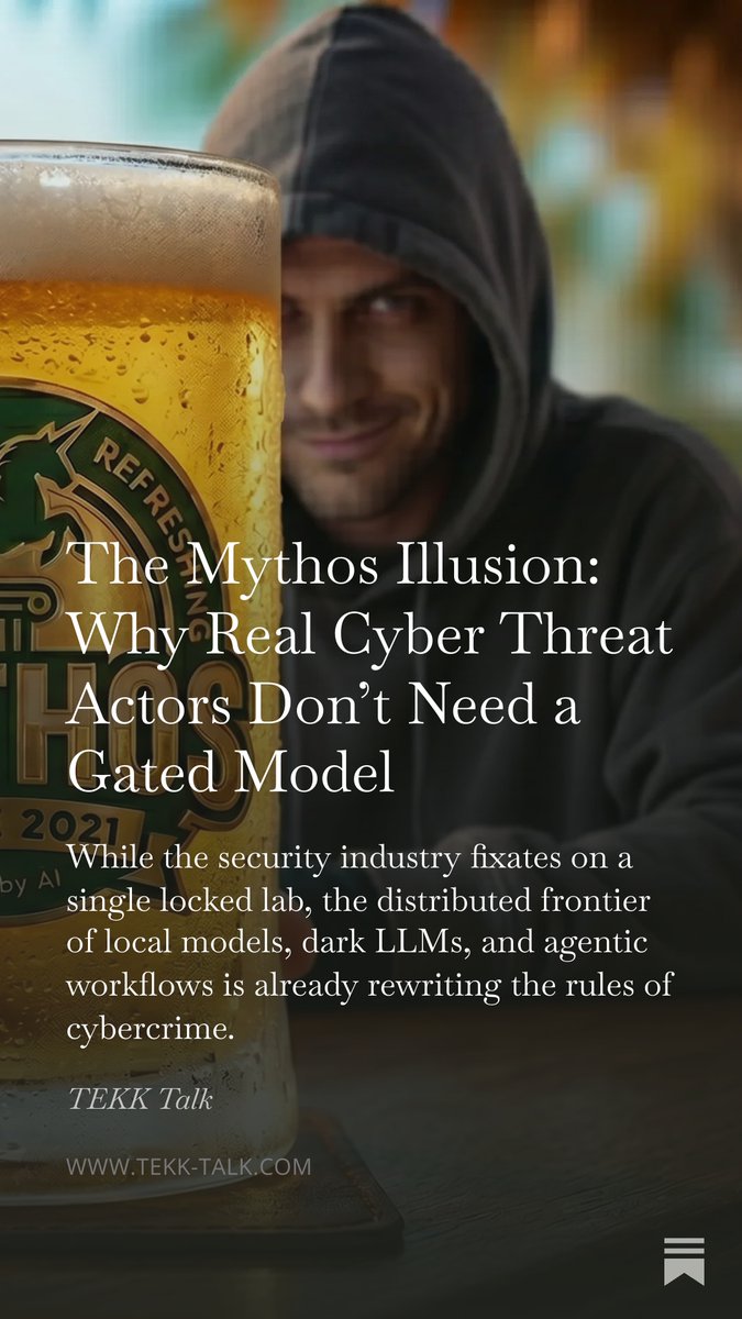ccragrat's tweet photo. We’re debating gated models like Mythos.

Meanwhile, real-world AI cyber capability is already distributed across local models, dark LLMs, and agentic workflows.

Attackers don’t need the best model.
They need one that works.
https://t.co/UrfgRBDmE1 https://t.co/GjZh5WFWwv
