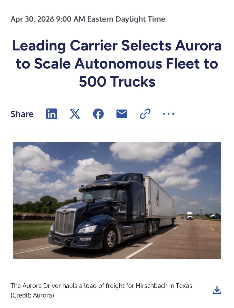 $AUR: Leading Carrier Selects Aurora to Scale Autonomous Fleet to 500 Trucks

Aurora Innovation today announced a significant expansion of their strategic partnership with Hirschbach Motor Lines, including a plan for the carrier to own 500 Aurora Driver-powered trucks. The plan