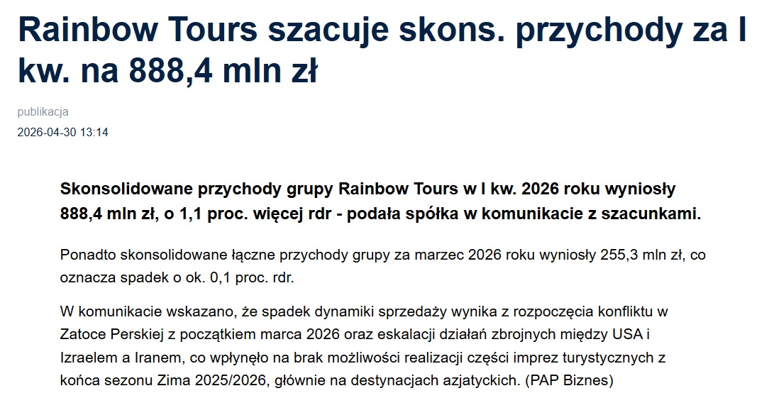 JakubInwestor1's tweet image. #Rainbow #RBW #RainbowTours Szacunek Przychodów za Q1 2026 przychody wyższe o 1.1% r/r ale za sam Marzec niższe o 0.1% r/r .Powód ? Rozpoczęcie konfliktu w Zatoce Perskiej
Źródło: Bankier
