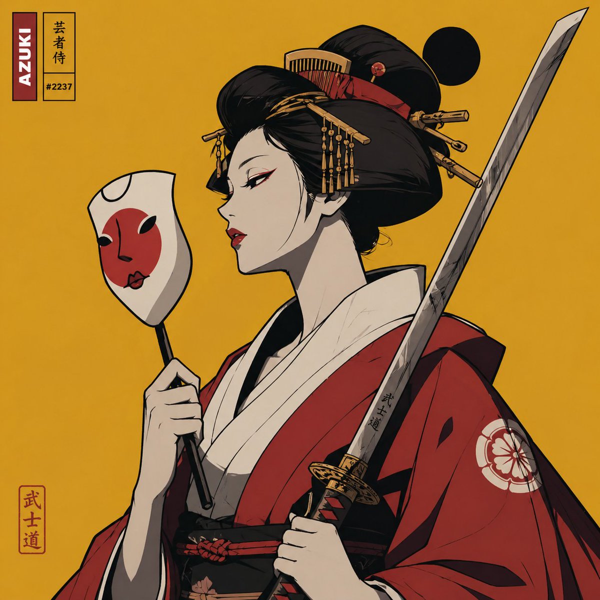 LongboardFamara's tweet photo. Kurenai (紅).

Inspired by the Unimpressed Geishas and Azuki PFPs.

I transformed the unimpressed geisha into an Azuki-style warrior and gave her a new identity:

Onna-bugeisha (女武芸者) a female warrior.

Her name is Kurenai (紅).

What started as an image is now becoming a full character:

design, lore, sheets, storyboard, and motion.

@UnimpressedG + @Azuki ⛩️

Created on @magnific 🫶