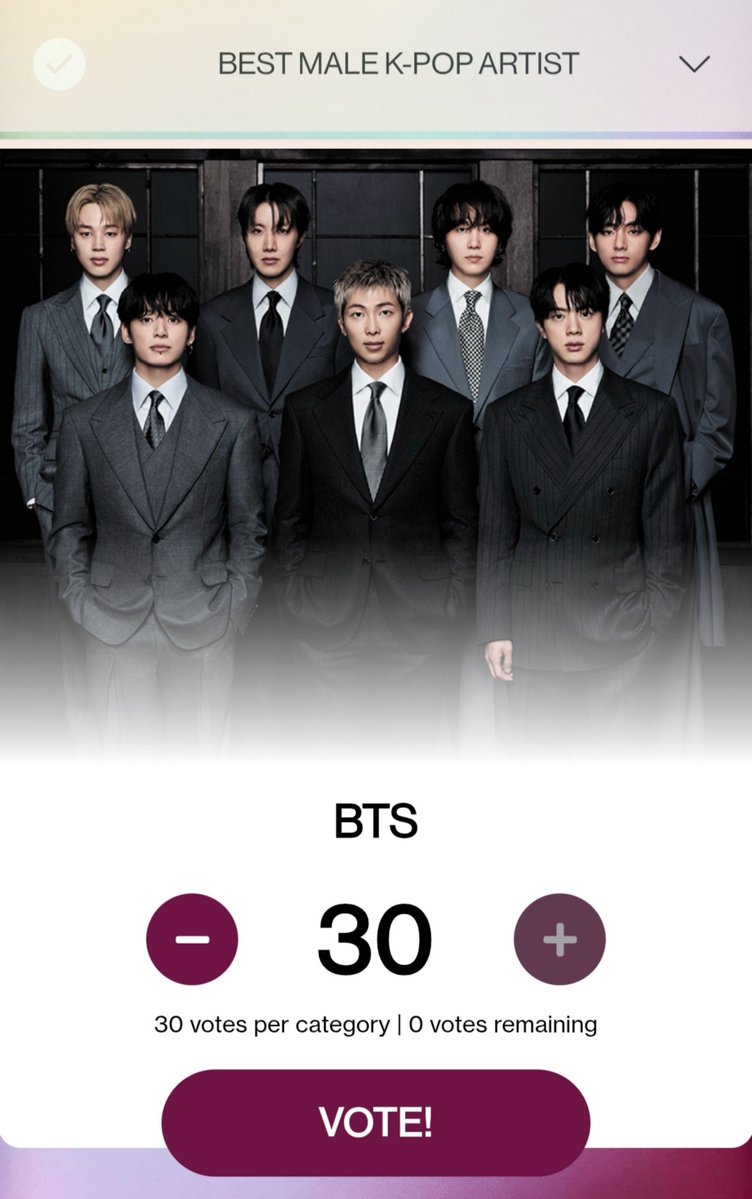 ✨️ AMAs MASS VOTING STARTS NOW✨️  

Together, let's secure these trophies for BTS. It's all in our hands, as this is 100% fan votes. VOTE FOR BTS!

🏆Artist of the Year
🏆Song of the Summer
🏆Best Male K-Pop Artist

🗳️: b-cd.app/amas

🌏Trend: #BodyToBodyForBTSOnAMA
