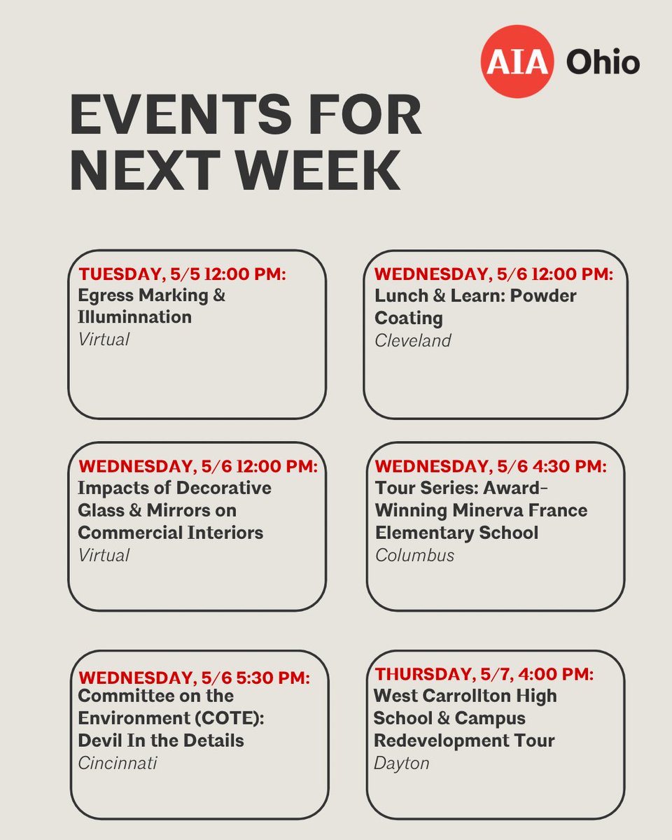 AIAOhio's tweet photo. Looking to learn something new or get out and connect? We’ve got you covered next week! Learn more here ➡️ https://t.co/dIYlaGUzV8 https://t.co/G6HlyrquSw