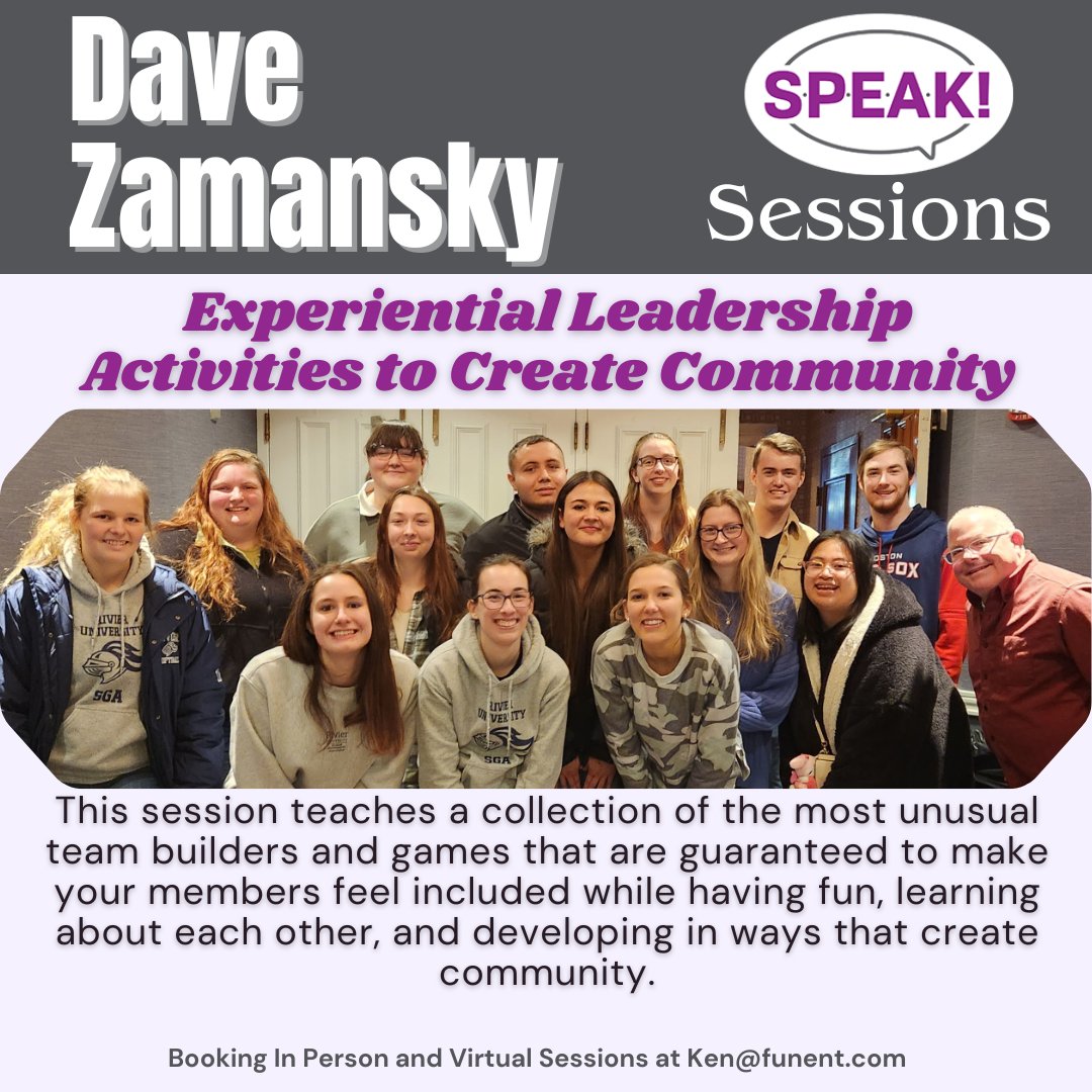 SPEAKeducators's tweet image. Experiential Leadership Activities to Create Community

 To book with Dave, email Ken@funent.com

@Ridewiththezman #SpeakWithDave #FUNTimes #FUNOnCampus #WeBringTheFUN #Speak #Sessions #Community #Leadership #TeamBuilding