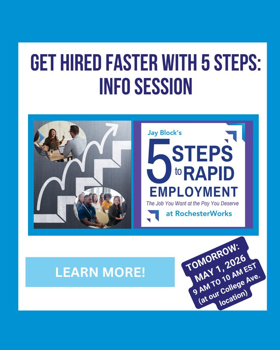 RochesterWorks's tweet image. TOMORROW'S THE DAY! Learn about this successful program! Attend our hour-long 5 Steps to Rapid Employment Info Session at 9 AM to see if the 5 Steps program is a good fit for you!

Register here: 5SIS.eventbrite.com

#5Steps #GetHired #CareerPlan #RapidEmployment