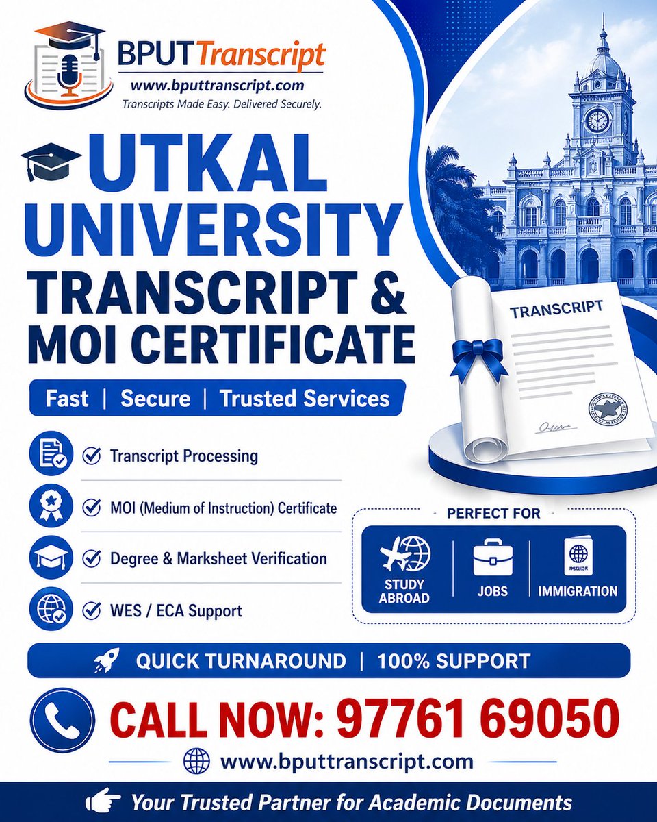 bput_transcript's tweet photo. 🎓 Utkal University Transcript &amp; Medium of Instruction (MOI) Certificate Services

Looking for Utkal University transcript, medium of instruction certificate, duplicate certificate, or duplicate mark sheets?
#UtkalUniversityTranscript #MOICertificate #DuplicateMarksheet https://t.co/eLmVfc5v74