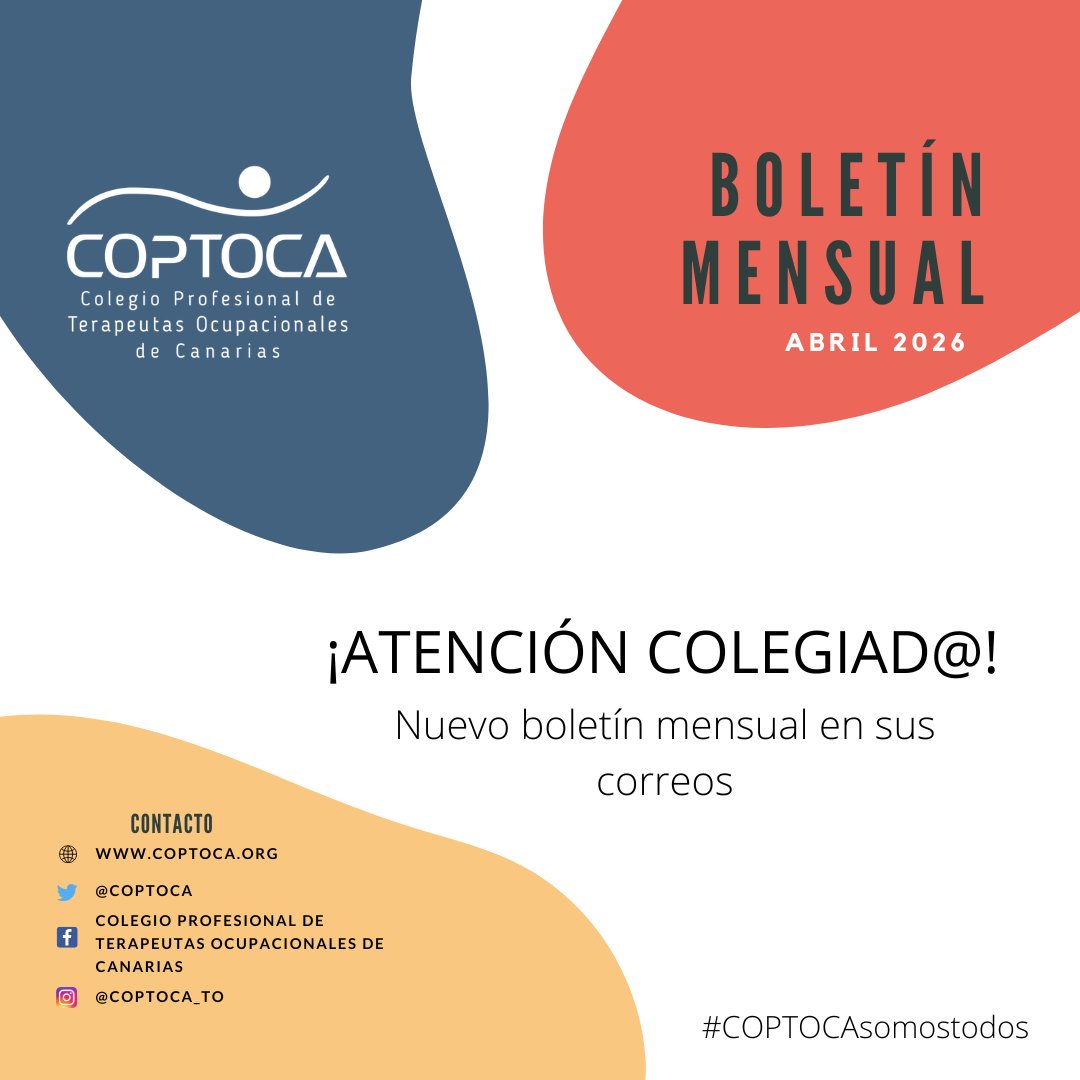 coptoca's tweet photo. Nuevo boletín mensual en el mail con las acciones realizadas por la junta directiva de COPTOCA.

#coptocahace #coptoca #terapiaocupacional #terapiaocupacionalcanarias #occupacionaltherapy https://t.co/oPZko9xrni
