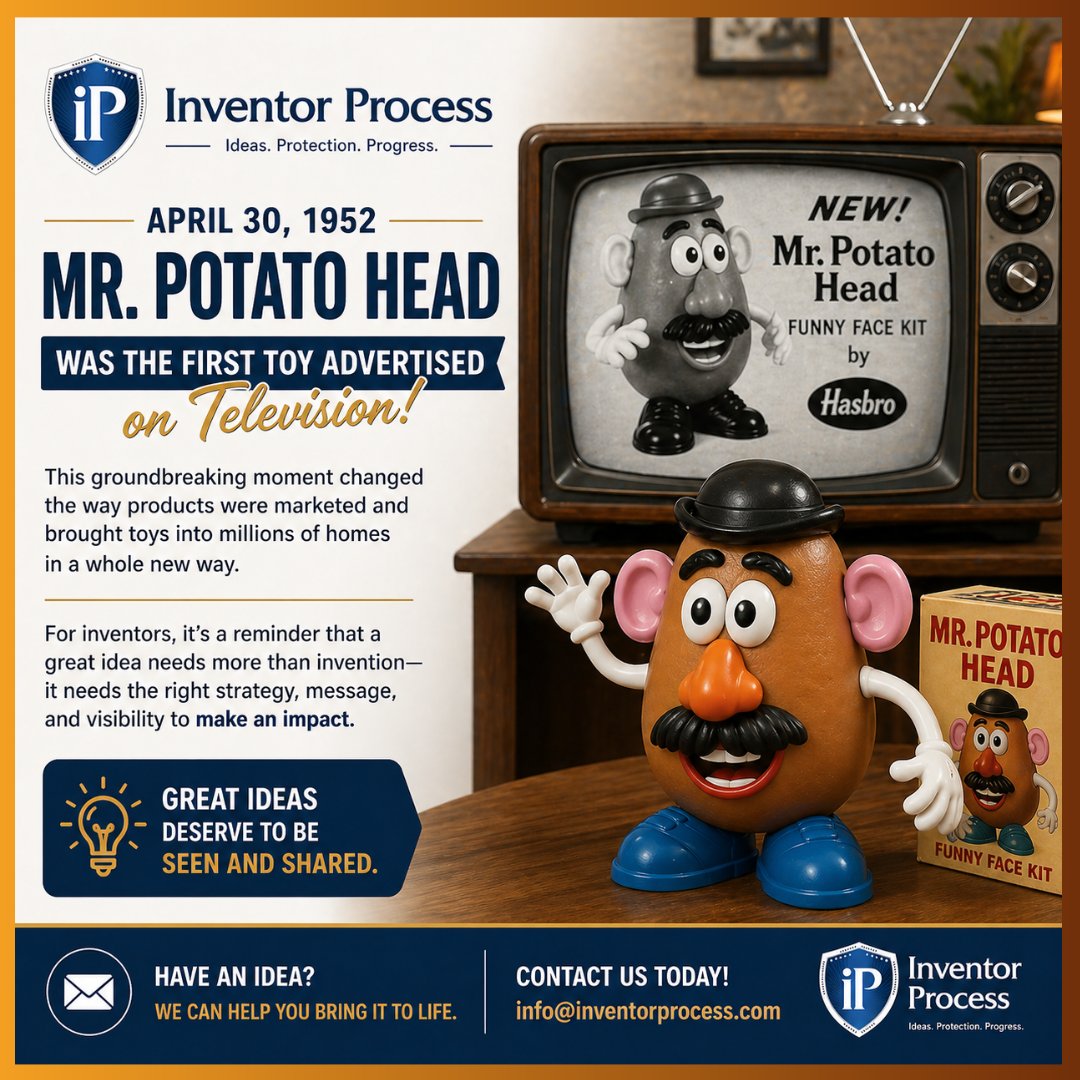 InventorProcess's tweet image. In 1952, Mr. Potato Head became the first toy advertised on TV—changing how products reach the market. Great ideas need great exposure. Got one? info@inventorprocess.com

#Inventors #Innovation #ProductIdeas #Entrepreneurship #Invention #StartupLife