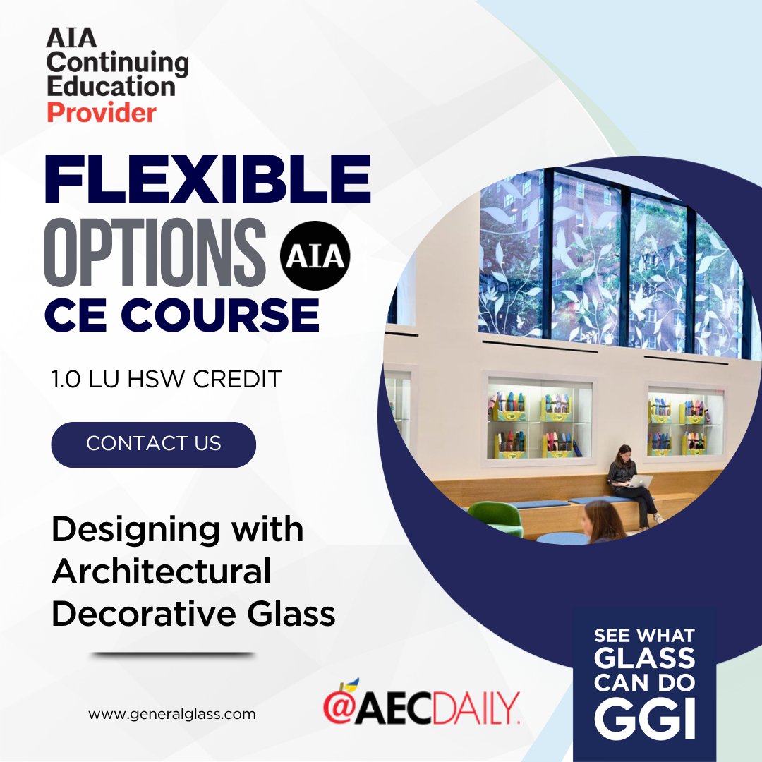 GeneralGlassInt's tweet photo. 𝗗𝗲𝘀𝗶𝗴𝗻𝗶𝗻𝗴 𝘄𝗶𝘁𝗵 𝗔𝗿𝗰𝗵𝗶𝘁𝗲𝗰𝘁𝘂𝗿𝗮𝗹 𝗗𝗲𝗰𝗼𝗿𝗮𝘁𝗶𝘃𝗲 𝗚𝗹𝗮𝘀𝘀

GGI invites architects and design professionals to learn how to elevate their project designs with its AIA-approved continuing education course: Designing with Architectural Decorative Glass.

This course provides 1.0 HSW LU and is recognized by more than 30 organizations, including American Institute of Architects (AIA) , Interior Design Continuing Education Council (IDCEC), and the U.S. Green Building Council (USGBC).

Available in flexible formats to fit your schedule:

In-person lunch and learns
Live webinars
Self-paced online course via AEC Daily

What architects and designers will learn:

✅ How decorative glass supports daylighting, privacy, and occupant comfort
✅ Key glass types and fabrication processes
✅ Performance considerations, including safety glazing and code compliance
✅ Strategies for integrating decorative glass into interior and exterior applications
✅ How to specify decorative glass using CSI formats and available specification tools
✅ The role of decorative glass in sustainable design and LEED-related initiatives
✅ Case study examples

GGI’s course is designed to support informed decision-making early in the design process—helping project teams balance aesthetics, performance, and compliance.

Start your online course now at https://t.co/Ga321G9oWh.

Email us at info@generalglass.com to request a lunch and learn for your firm.

Learn how to specify with confidence and see what glass can do®.