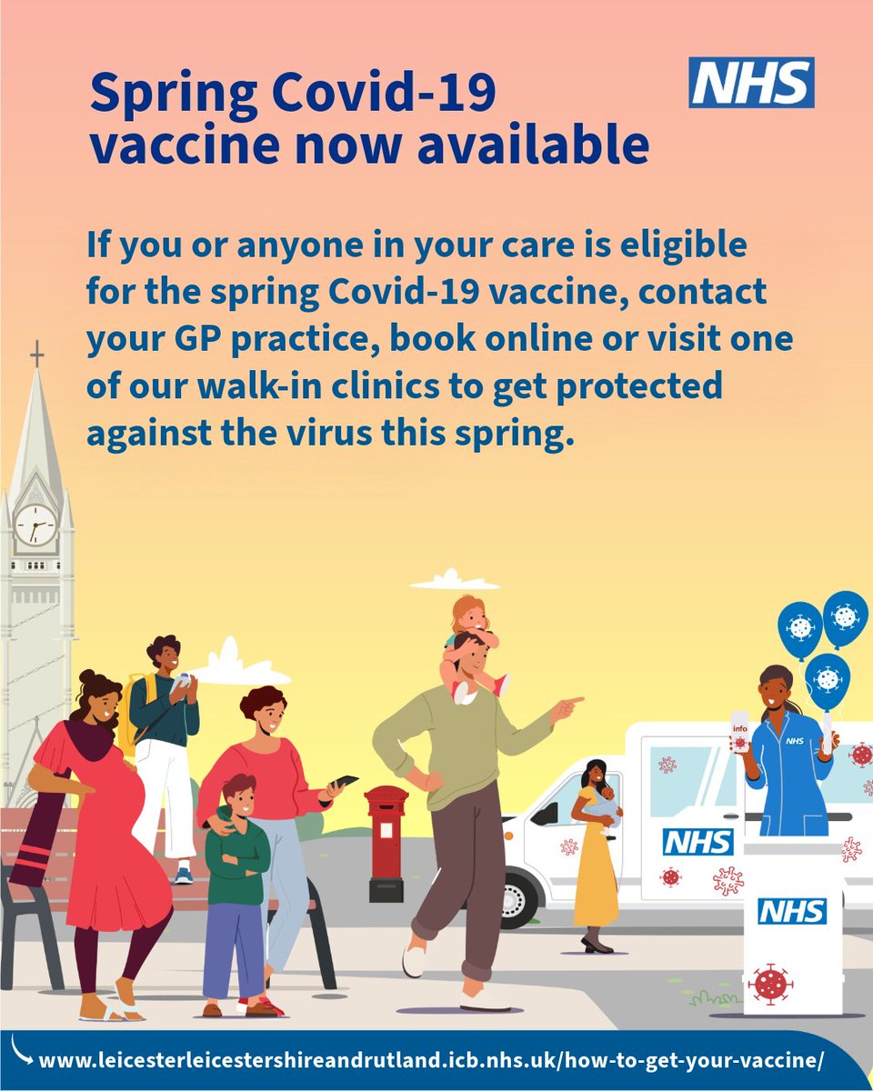 NHS_LLR's tweet image. Are you eligible for a Covid-19 vaccine this spring?  
If you’re not sure if you or anyone in your care is eligible, or where to get a vaccination, telephone 119 or go to: …erleicestershireandrutland.icb.nhs.uk/how-to-get-you…
#GetVaccinated and protect yourself this spring.